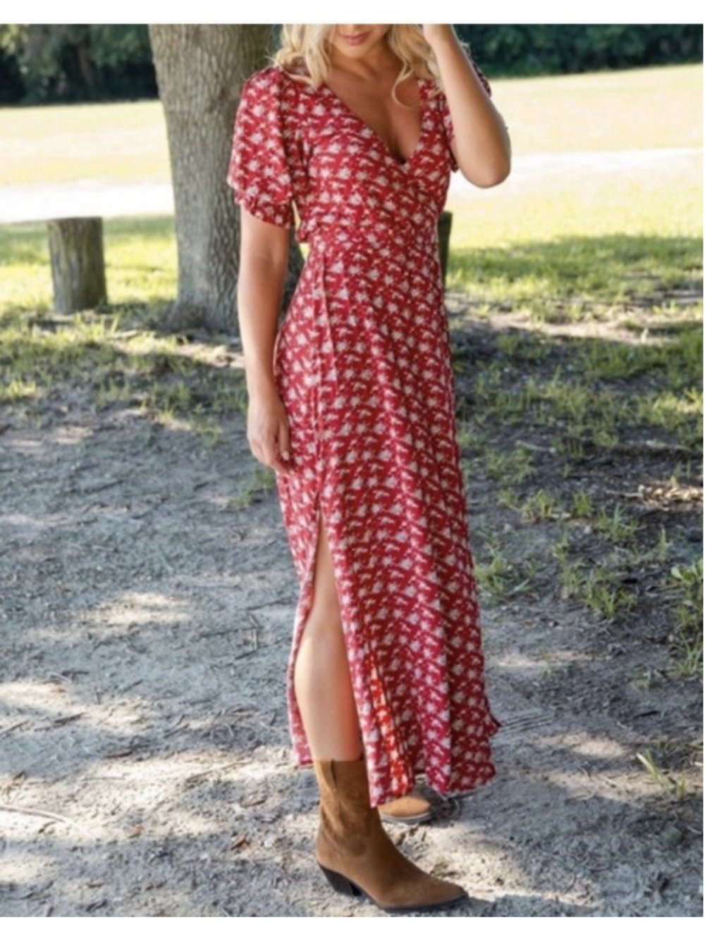 Natural Life Sophia Wrap Maxi Dress Sz Lg Red Floral Boho Cottagecore V-Neck - Picture 2 of 8